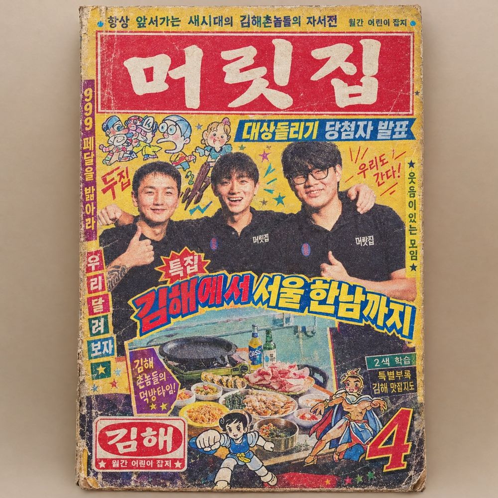 벽에 붙인 머릿집 매거진 표지. 월간 어린이 잡지 패러디